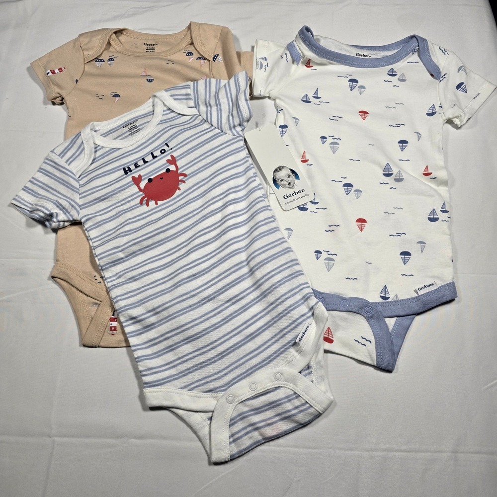 Gerber 12Mo 3 Pack Baby Boys Onesies 1 Nautical Sailboat Crab‎ Blue Tan White